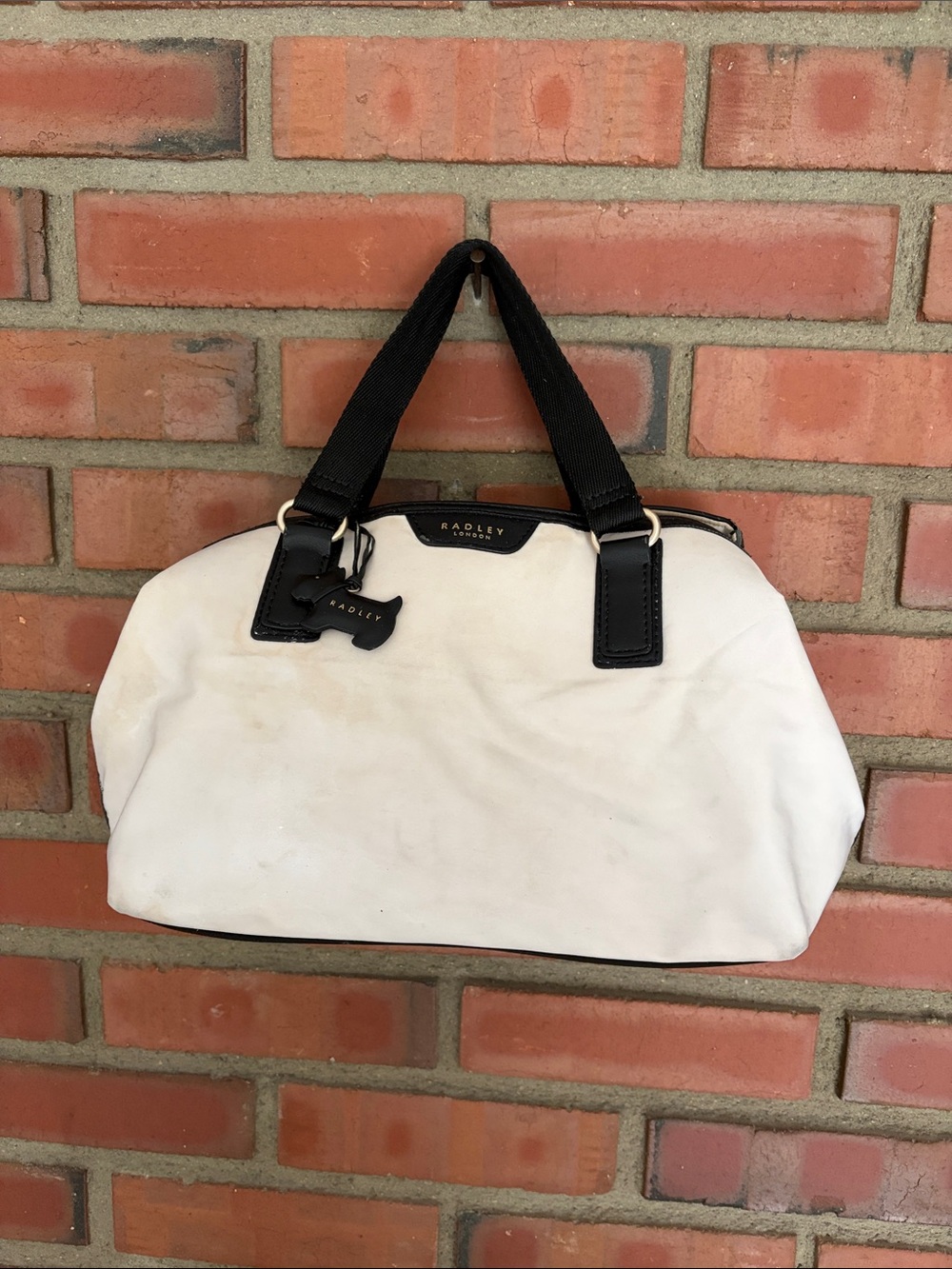 Radley London Nylon and Leather Satchel Handbag used some wear black white